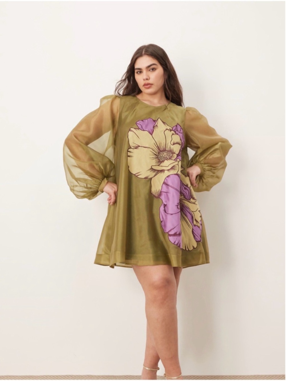ARRANGE Curve applique floral volume sleeve a-line mini dress in green size 14